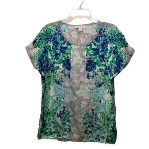 Coldwater Creek Women's green blue floral Cap‎ Sleeves Round Neck Top Size M